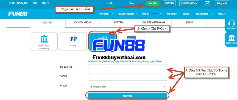 Biểu mẫu gửi tiền Fun88 bằng thẻ F-Go