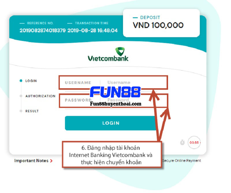Giao diện đăng nhập vào internet banking Vietcombank